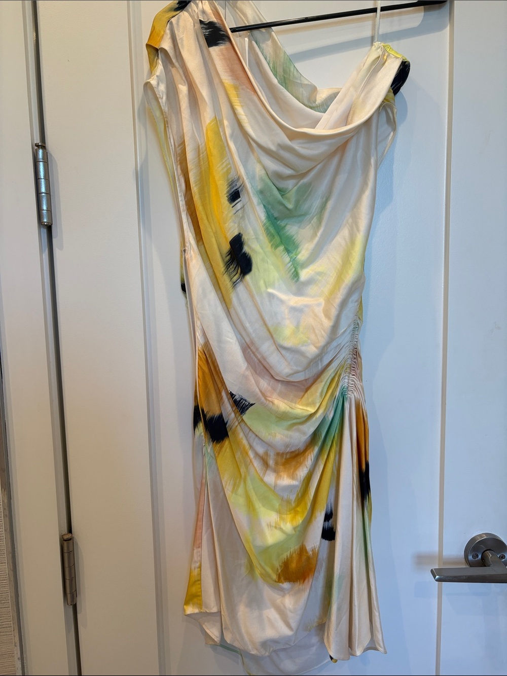 A.L.C. One-Shoulder Draped Watercolor Dress in White, Yellow, Green, Black